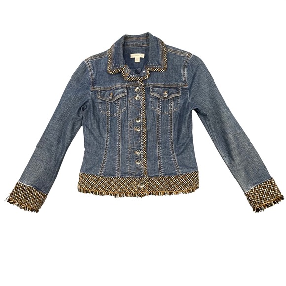 Coldwater Creek Jackets & Blazers - Coldwater Creek Blue Denim Jacket Tweed Fringe Trim Women Size P6